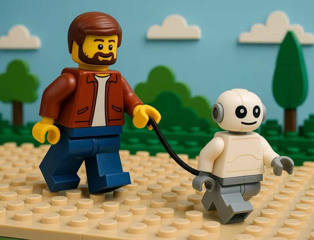 Lego: a man walking a robot